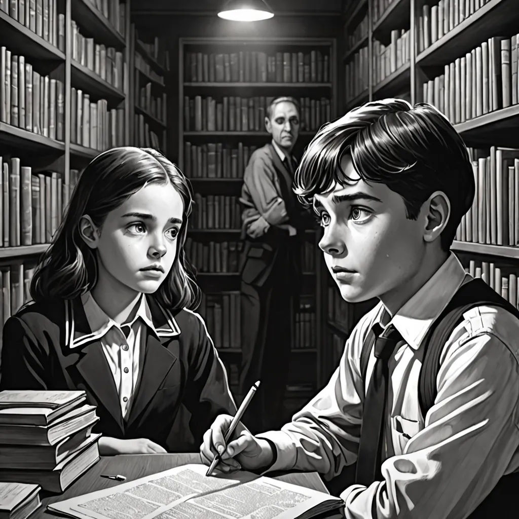 a boy and a girl are sitting at a table in a library and one girl is writing a book, serial art, a comic book panel, Art Spiegelman, promotional image