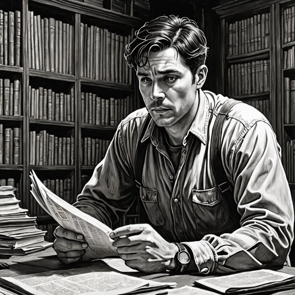 a man sitting at a table in front of a book shelf filled with books and papers, reading a book, socialist realism, a character portrait, David Palumbo, tom of finland