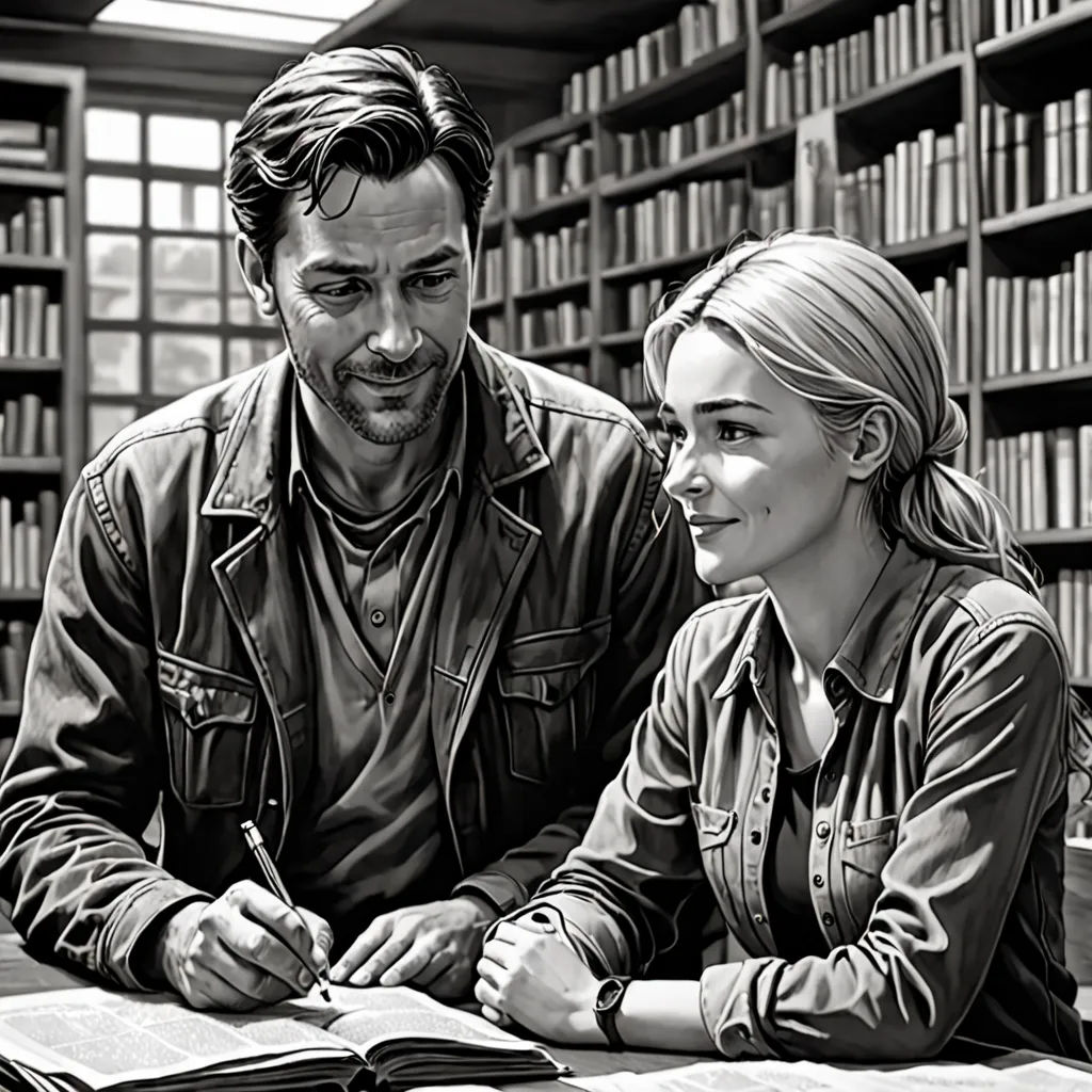 a man and a woman sitting at a table in a library with books on the shelves behind them and a bookcase full of books, modern european ink painting, a photorealistic painting, Art & Language, promotional image