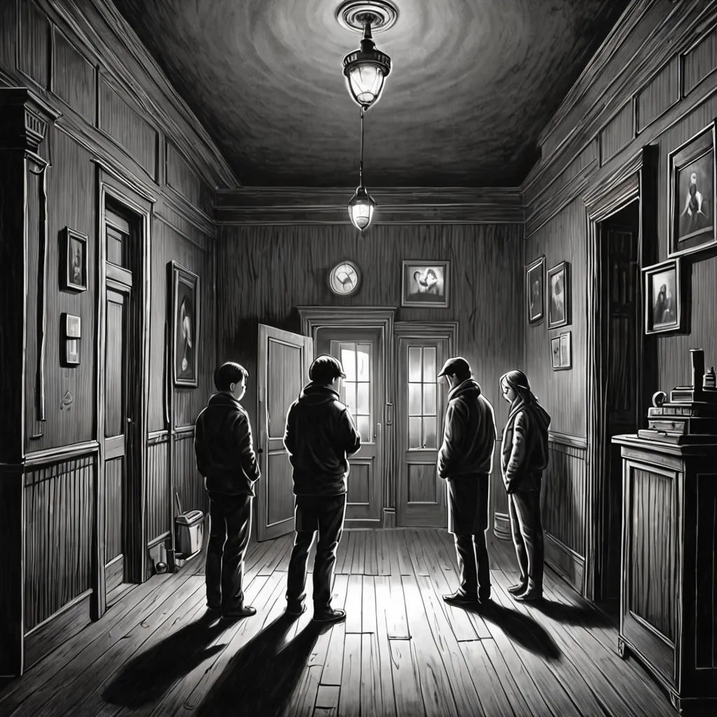a group of people standing in a room next to a doorway with a light on above them and a picture of a man standing in the doorway, fantastic realism, a charcoal drawing, F. Scott Hess, pj crook
