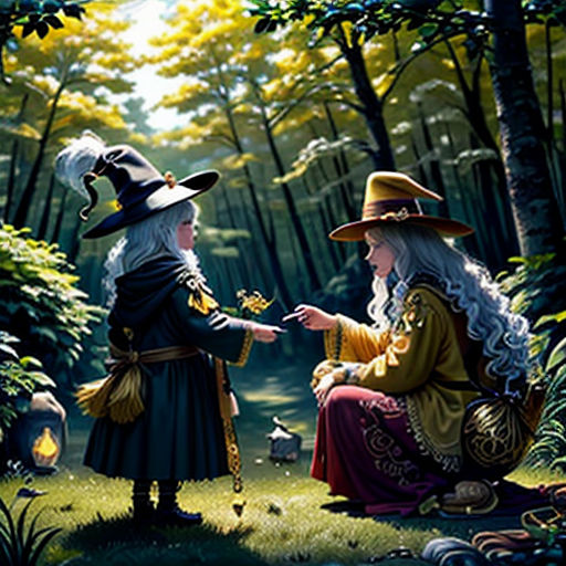 two women dressed as witches in the woods with a bird in their hand and a man in a hat