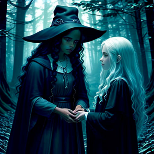 a couple of women standing next to each other in a forest with trees and leaves on the ground and a man in a black hat