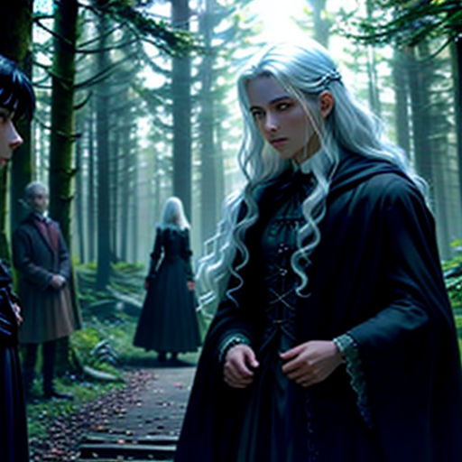a man and a woman standing in the woods together, with a man in a black cloak and a woman in a black dress