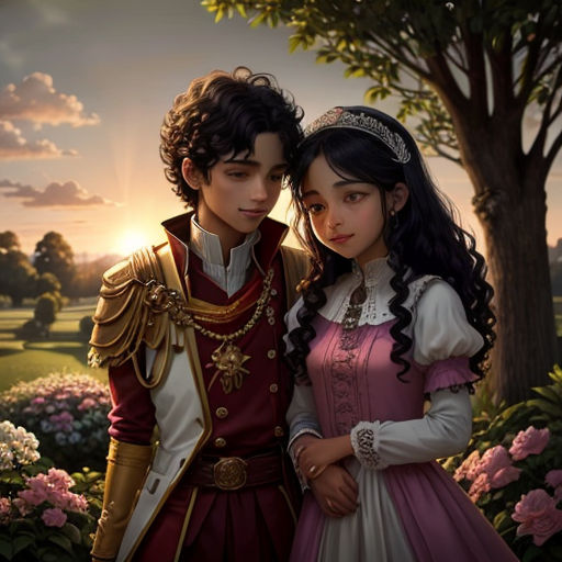 a painting of a couple dressed in renaissance clothing standing next to each other in a garden at sunset with pink flowers