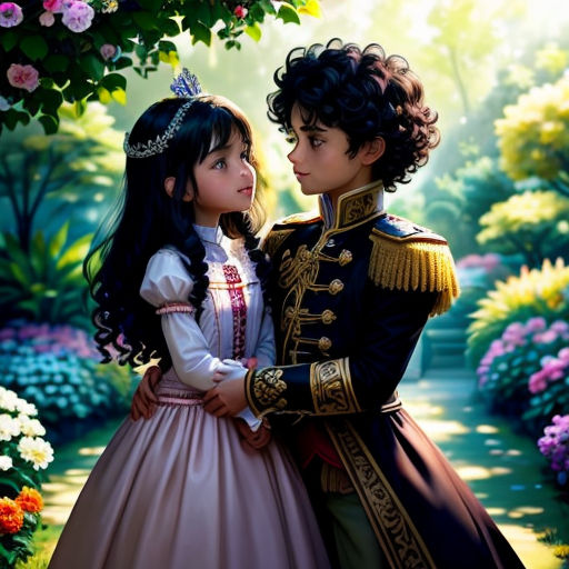 a painting of a boy and a girl in a garden with flowers and trees in the background, one of them is wearing a tiara