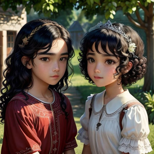 two young girls standing next to each other in a park with trees and grass in the background, one of them wearing a tiara
