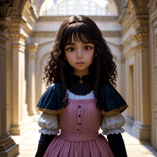 a little girl in a pink dress standing in a hallway with arches and arches on the walls and a ceiling
