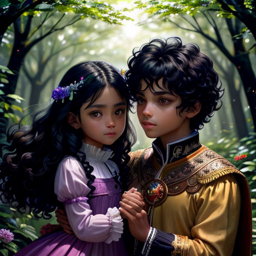 a painting of a boy and girl in a forest with flowers in their hair and a man in a yellow coat