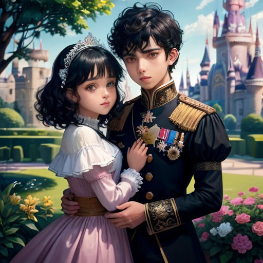 a young boy and girl in a dress standing next to each other in front of a castle with a pink flower garden