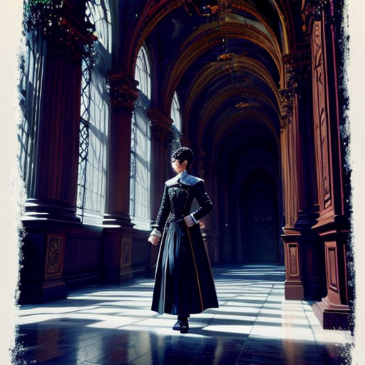 a woman in a black dress standing in a large building with columns and arches on the walls and a clock on the wall