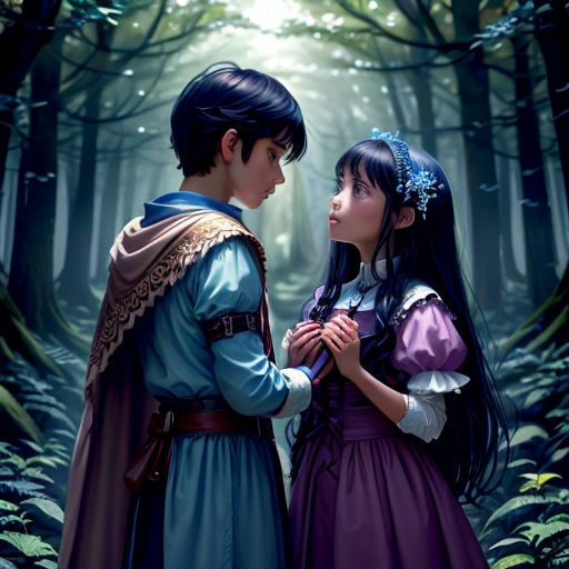 a couple of people standing in a forest together with a light shining through the trees behind them and a forest behind them