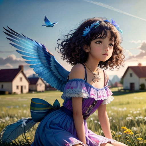 a little girl sitting on the ground with a butterfly on her shoulder and a blue dress on her shoulders