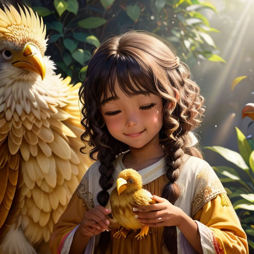 a little girl holding a bird in her hands and a bird in her hand next to her face and a bird in her hand