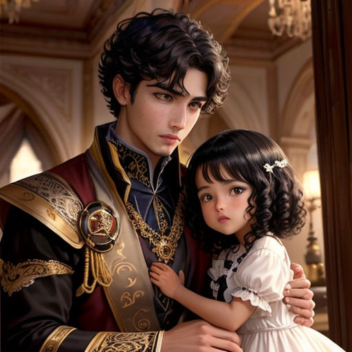 a young girl is hugging a man in a costume in a palace setting with chandeliers and chandeliers