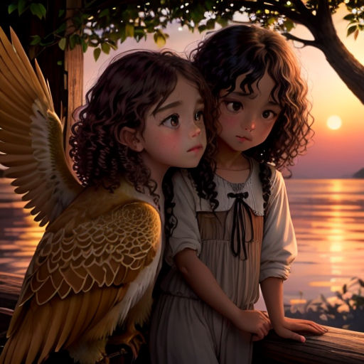 two children are standing next to each other with a bird on their shoulder and a bird on their shoulder