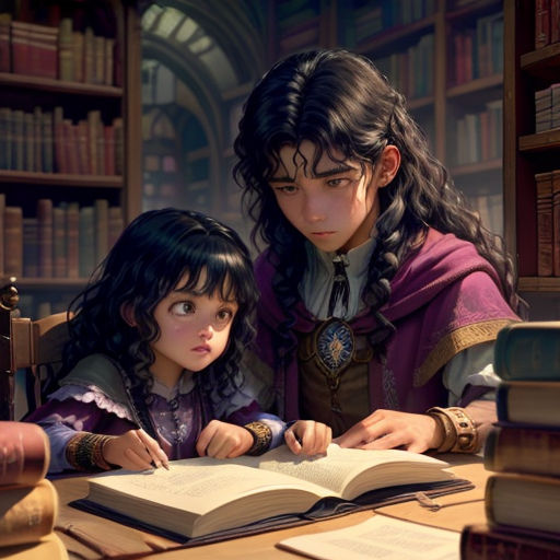 a couple of kids sitting at a table with books in front of them and a book on the table