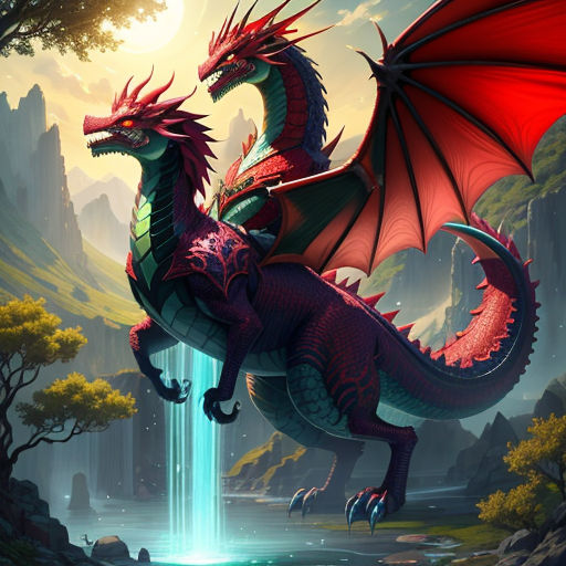 a red dragon is flying over a waterfall in a forest with a waterfall behind it and a waterfall in the background