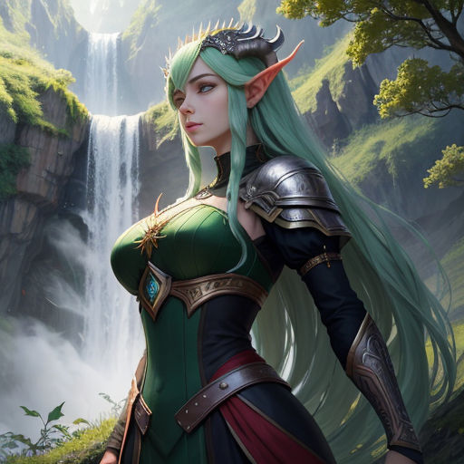a woman with green hair and a green dress standing in front of a waterfall with a waterfall in the background