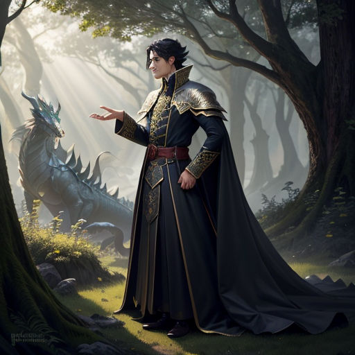 a man in a black and gold outfit standing in a forest with a dragon behind him and a dragon in the background