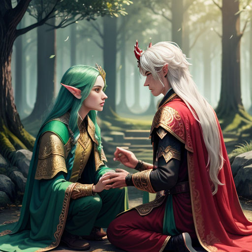 a couple of people sitting on top of a forest floor next to each other in front of a forest