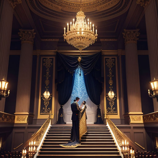 a couple standing on a staircase in a building with chandeliers and a chandelier hanging from the ceiling
