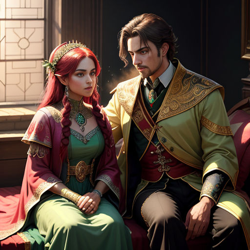 a man and a woman dressed in medieval clothing sitting on a bench together, looking at each other,