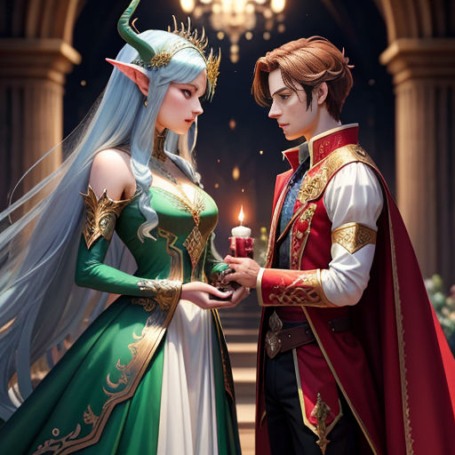 a couple dressed in medieval costumes standing next to each other in a palace setting with a candle in their hand