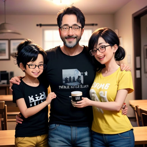 a man and two children are posing for a picture with a coffee mug in their hands and a woman holding a cup