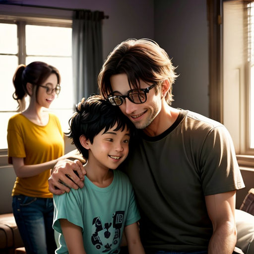 a man and a boy sitting on a couch together with a woman standing behind them and a window behind them