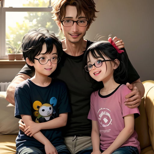 a man sitting next to two children on a couch in front of a window with a cat on his shoulder