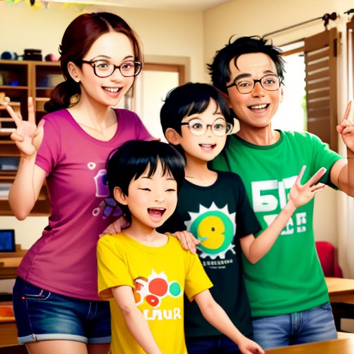 a family posing for a picture in a room with a table and a window in the background with a laptop on it