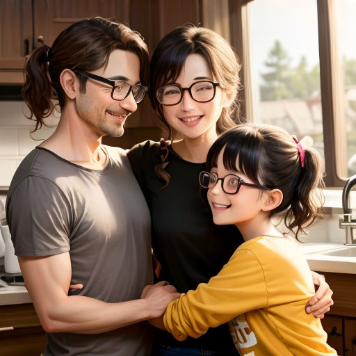 a man and two women standing next to each other in a kitchen with a window behind them and a sink