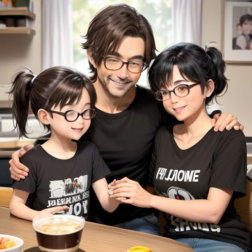 a man and two children sitting at a table with food and drinks in front of them, smiling at the camera