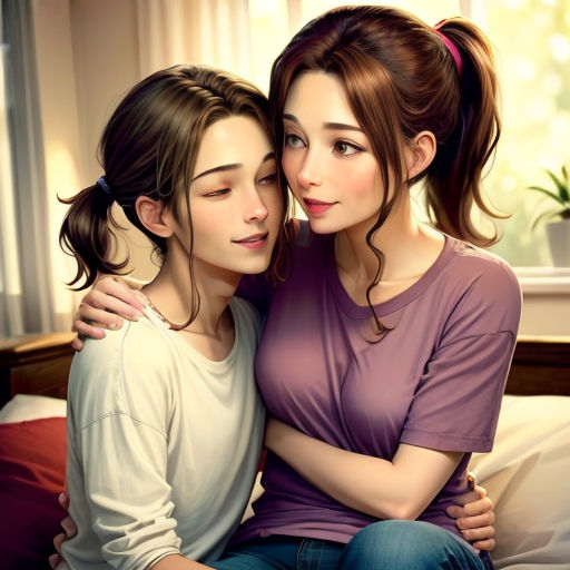 two girls sitting on a bed hugging each other with their arms around each other and smiling at the camera