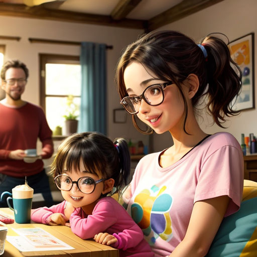 a woman and a child sitting at a table with a laptop computer and a cup of coffee in front of them