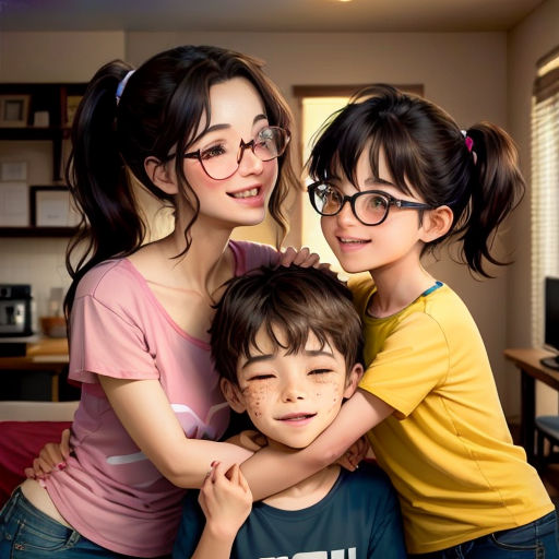 a woman and two children are posing for a picture together in a living room with a television in the background