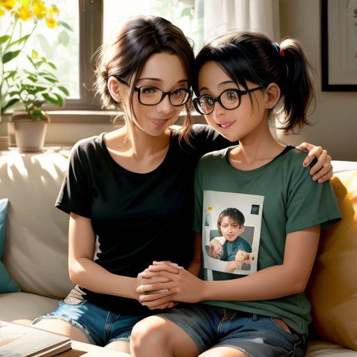 two girls sitting on a couch with their arms around each other, one of them is holding a picture of a boy