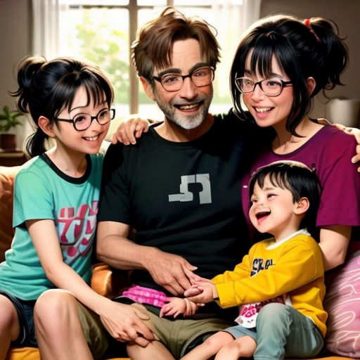 a man and two children sitting on a couch together with a smiling man in the background and a woman in the foreground