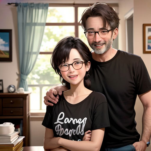 a man and a woman standing next to each other in a room with a window and a table with a book on it