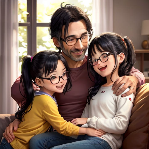 a man and two children sitting on a couch together, with a painting of a man and two children