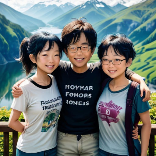 three young children posing for a picture in front of a mountain scene with a mountain range in the background