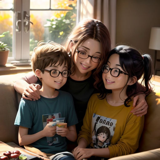a woman and two children sitting on a couch with a book in front of them and a window behind them