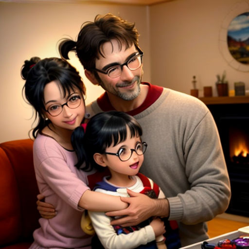 a man and two children are standing in front of a cake with candles on it and a fireplace in the background