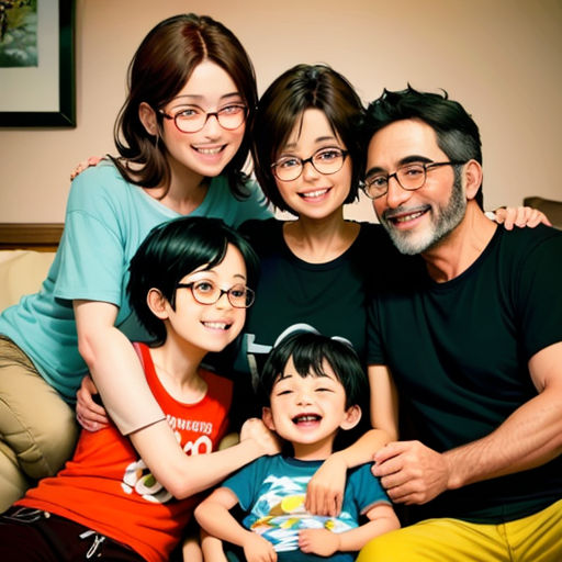 a family of four posing for a picture together on a couch in a living room with a painting on the wall