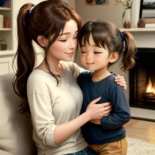 a woman and a child hugging each other in front of a fireplace in a living room with a fireplace
