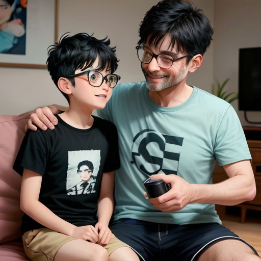 a man and a boy sitting on a couch holding remote controls in their hands and smiling at the camera