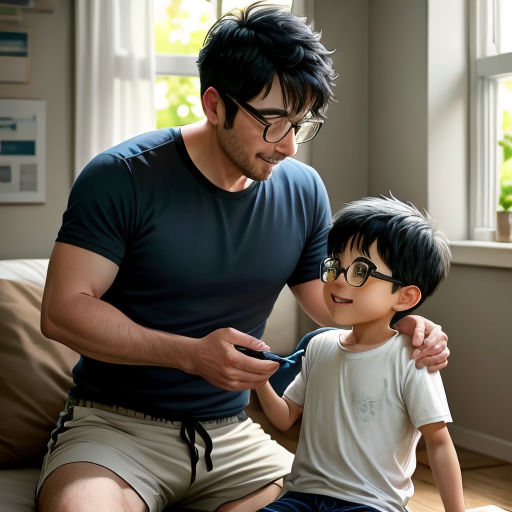 a man and a boy sitting on a couch looking at a cell phone together, with a window in the background