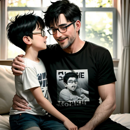 a man and a boy sitting on a couch together, one of them is holding the other's head