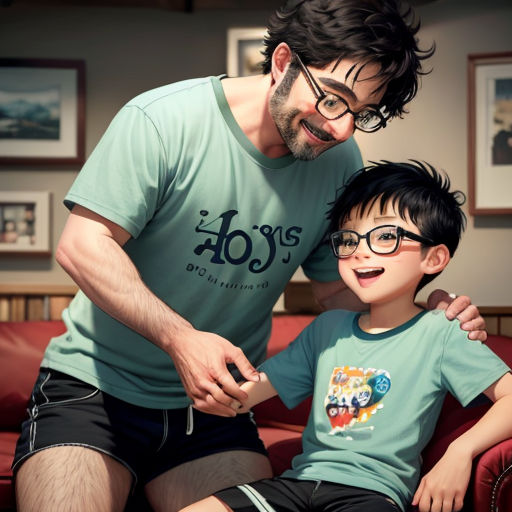a man and a boy sitting on a couch together smiling at the camera with a smile on their face