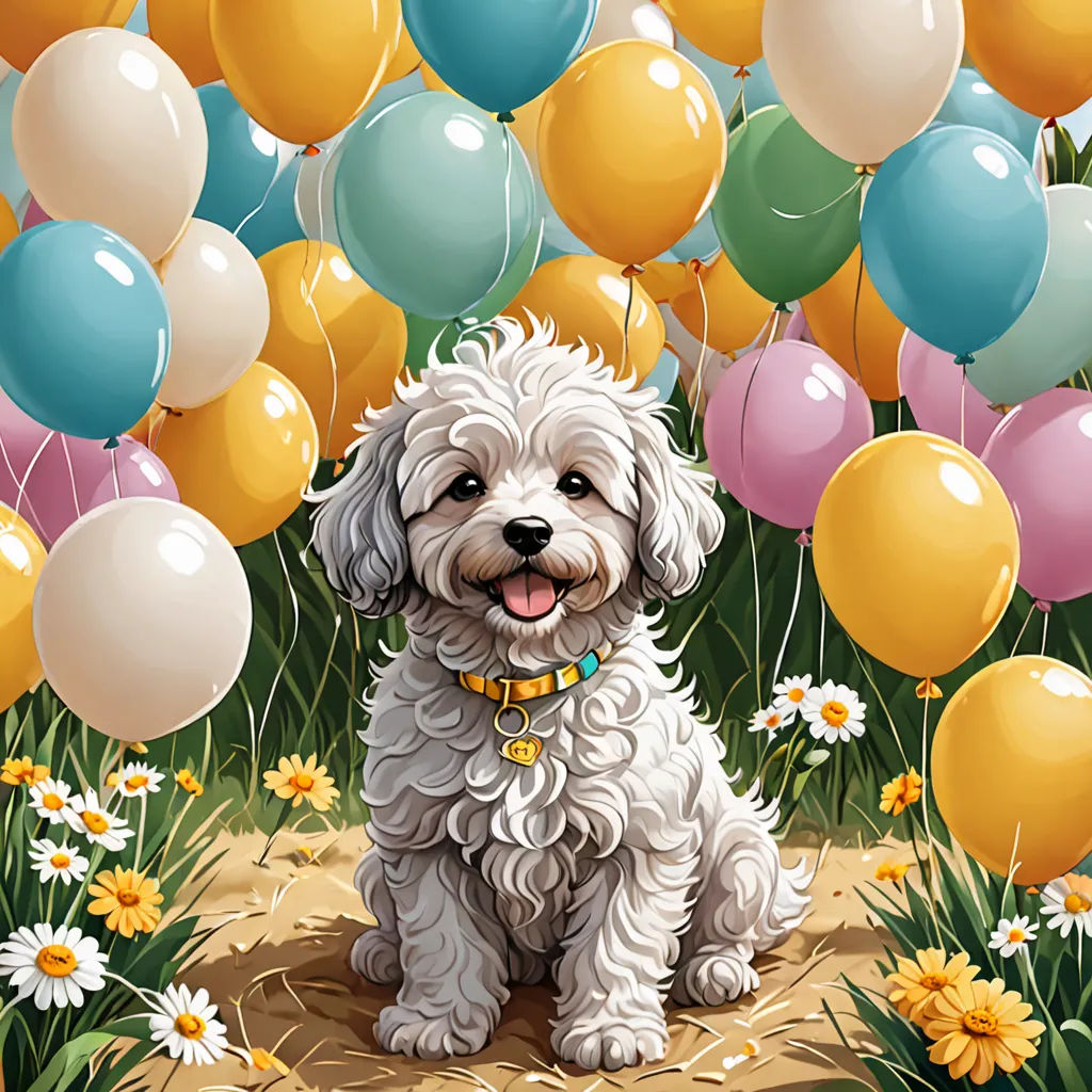 a white dog sitting in a field of flowers and balloons with a yellow collar on it's neck, furry art, a storybook illustration, Chris LaBrooy, highly detailed digital painting